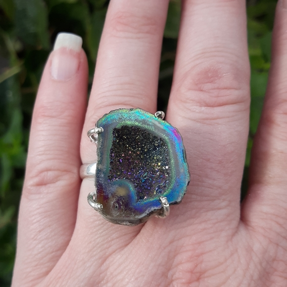 New Titanium Druzy 925 Silver Statement Ring. - Picture 5 of 8